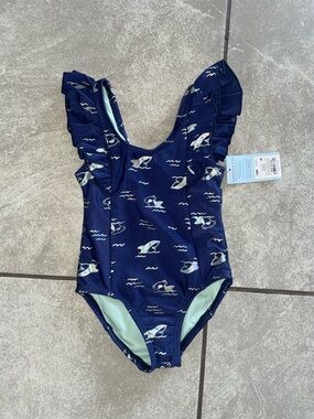 Cat & Jack Navy Blue Shark Print Ruffled One-Piece Swimsuit